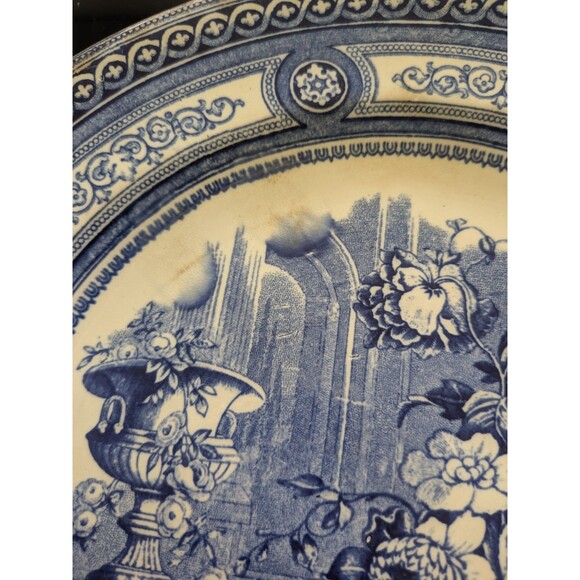 Antique Transferware Blue Plate 10" Peony Pinder Bourne & Co Burslem 1860s Urn - Picture 13 of 13